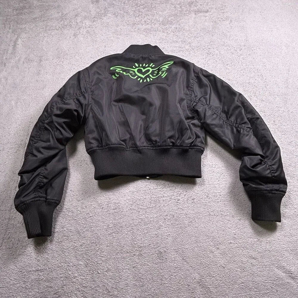 H&M Keith Haring Cropped Bomber Jacket Girls Size 10 Black Winged Heart Pop Art